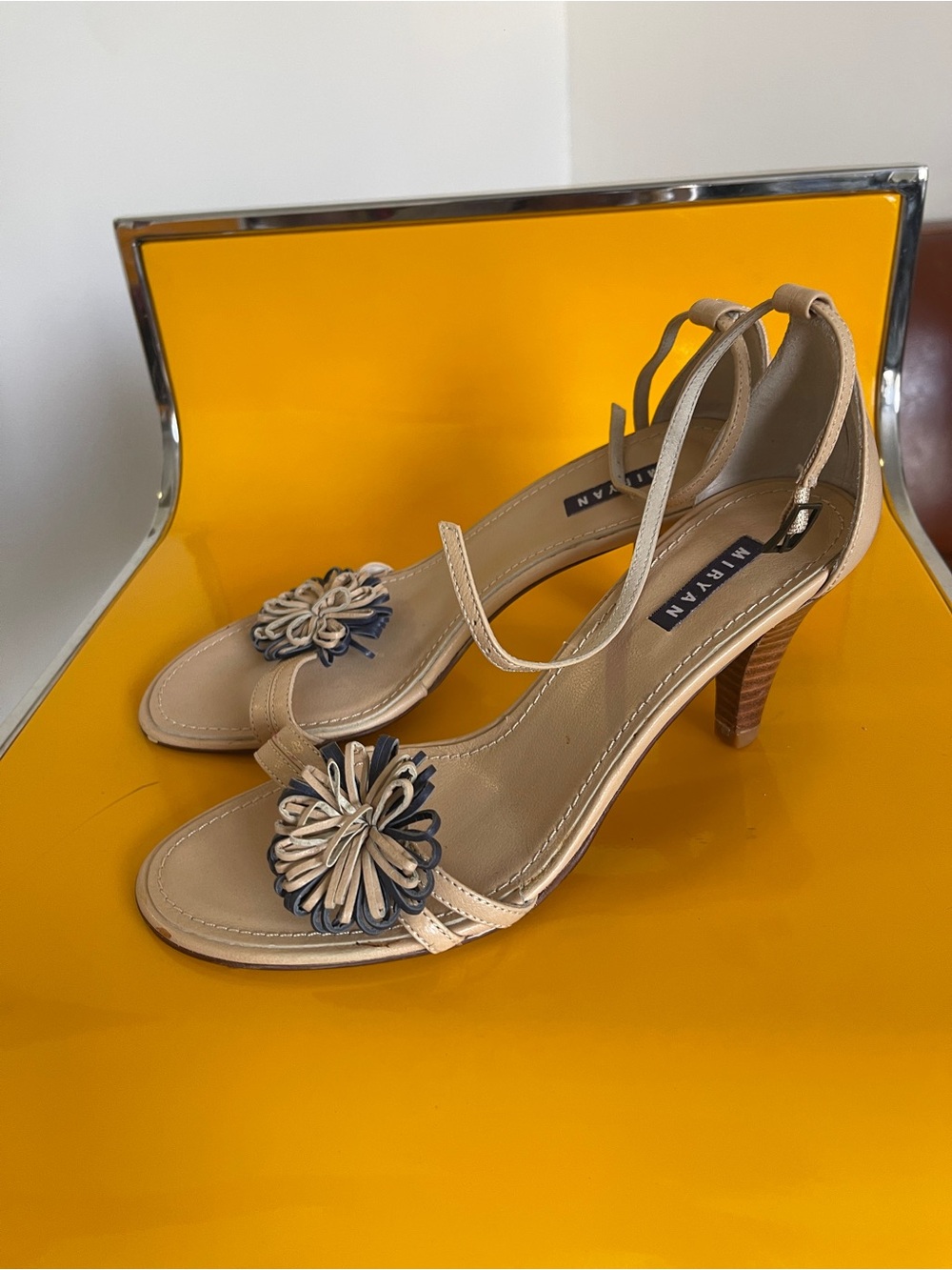 Beige Strappy Heels with Navy Floral Accent
